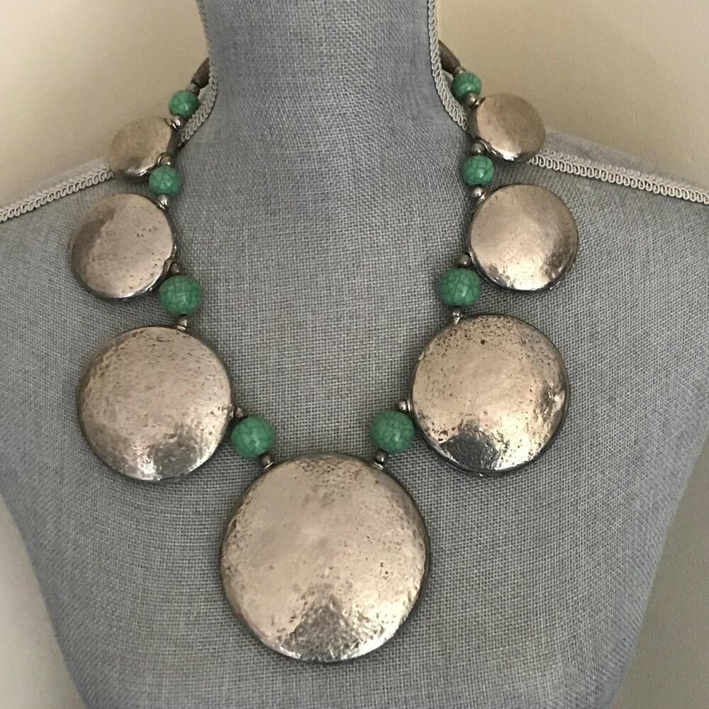Bold Southwestern Style Necklace - Oversized Silver Tone Discs - Boho Jewelry